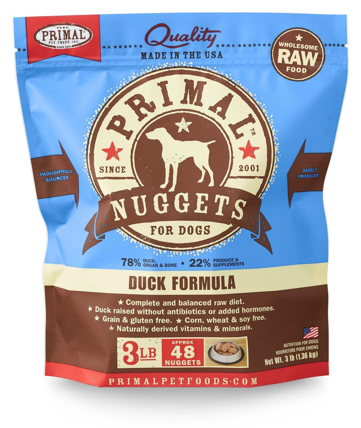 Primal Pet Foods Raw Frozen Nuggets Duck Formula Dog Food, 3-lb