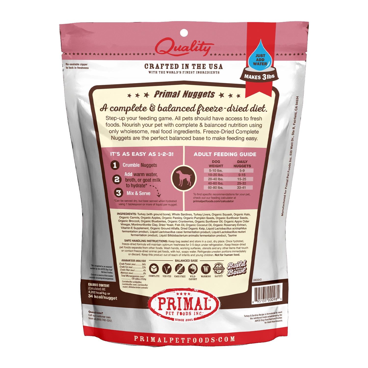 Primal Pet Foods Raw Freeze-Dried Nuggets Turkey & Sardine Formula Dog Food, 14-oz