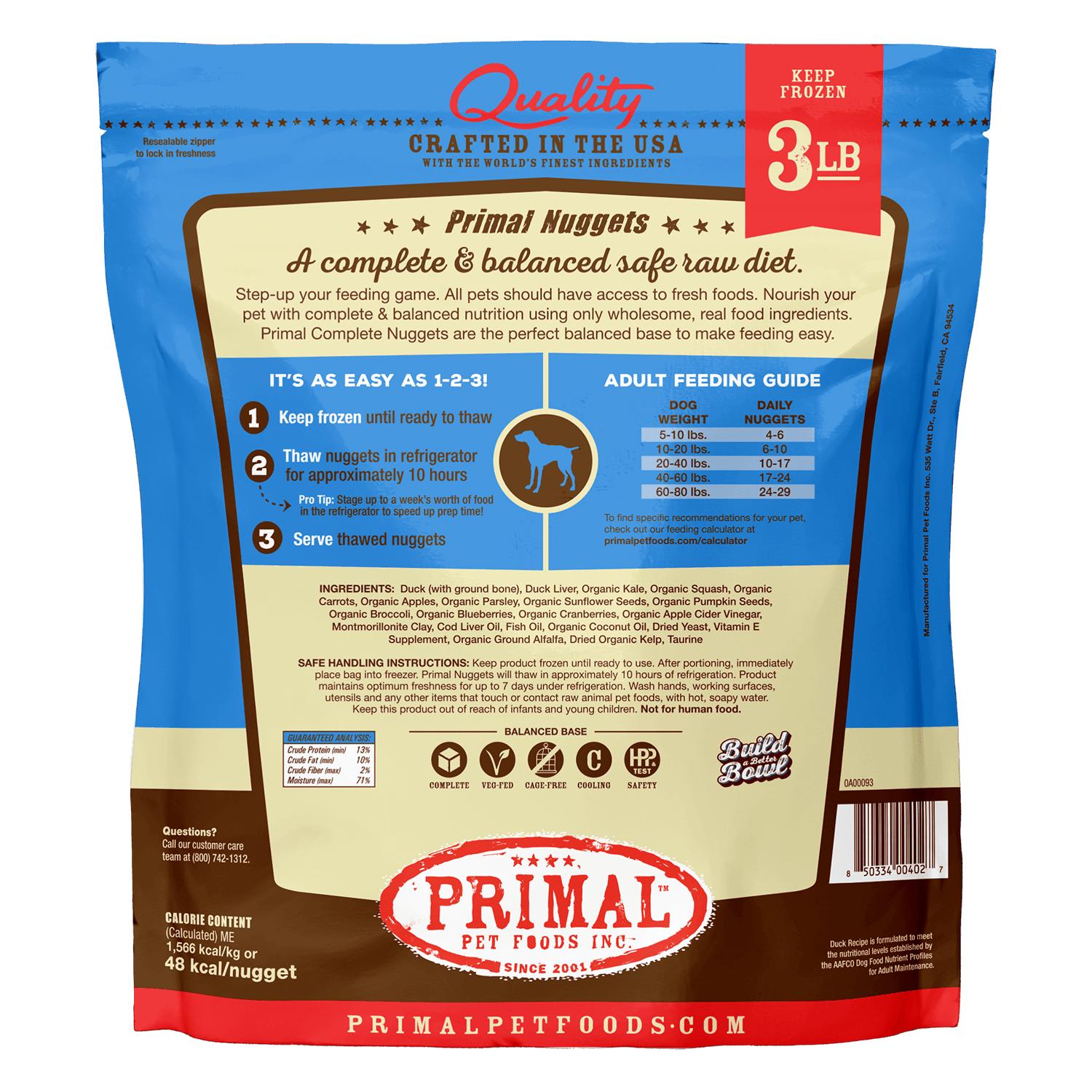 Primal Pet Foods Raw Frozen Nuggets Duck Formula Dog Food, 3-lb