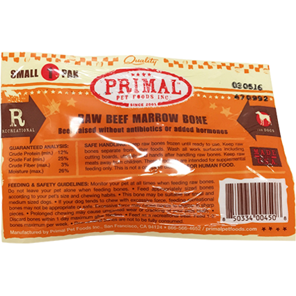 Primal Pet Foods Raw Beef Marrow Bone Raw Frozen Dog Treat, Small, 1-pk