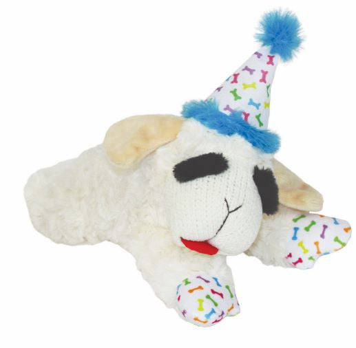 Multipet Lamb Chop w/ Birthday Hat Plush Dog Toy Blue 10.5”